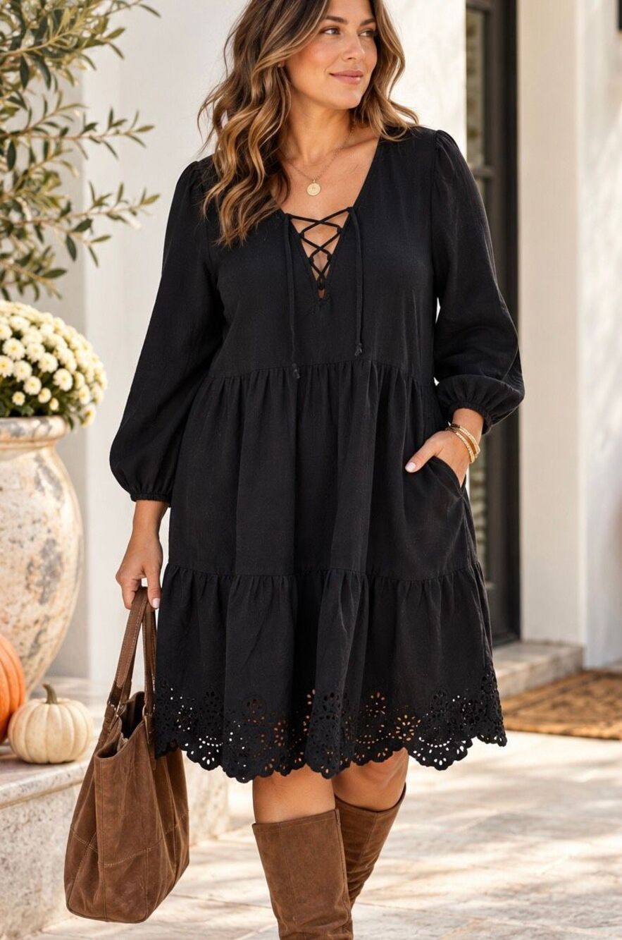 Old Navy XXL Tall Black Lace Up Tiered Eyelet Boho Dress Pockets